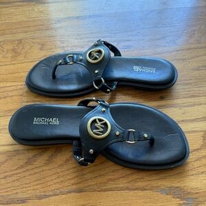 Michael Kors Black Leather Logo Thong Sandals with Gold Studs size 6